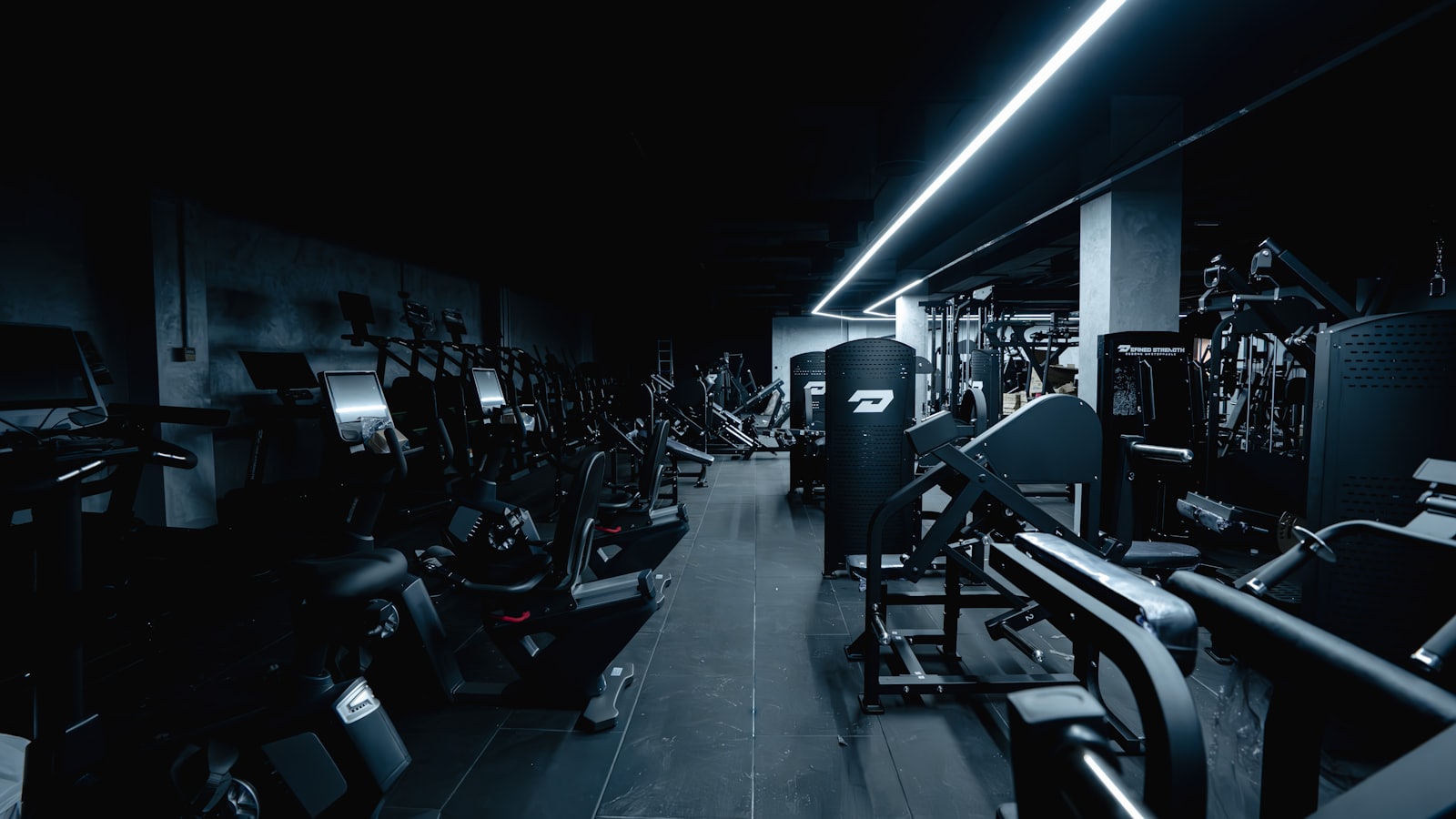 Dark, modern gym floor lined with cardio and strength machines